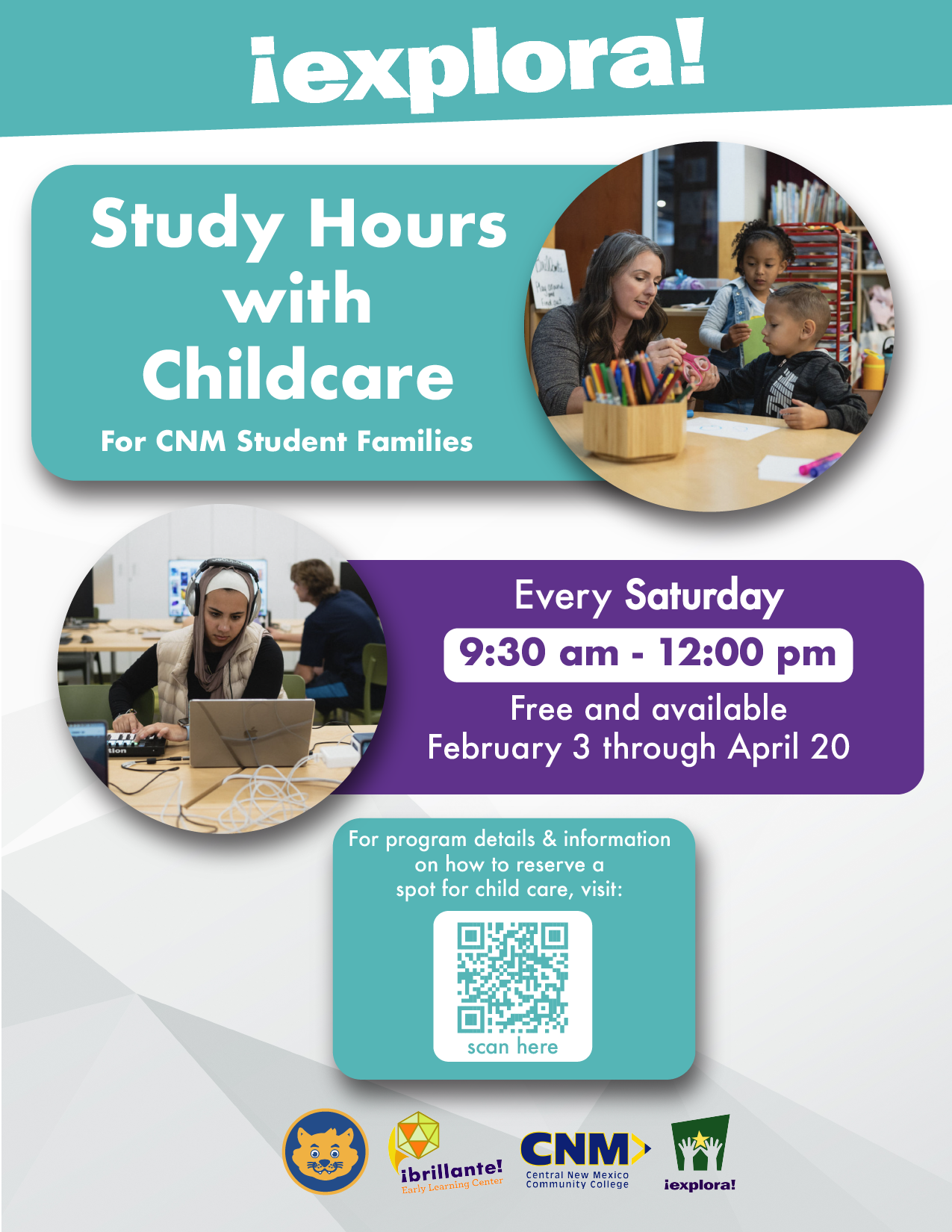 Study Hours with Childcare for CNM Student Families flyer. A Picture of student studying at laptop and a separate picture of teacher with early childhood students