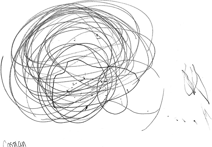 A child’s drawing of swirled, spiraling lines.