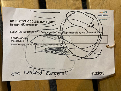 Piece of paper with a child’s scribbles and a note that reads “one hundred burgers!”